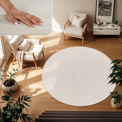 TT Home Teppich Wohnzimmer Creme 160 cm Rund, Waschbar & Kurzflor | Moderner Flauschiger Teppich, Pflegeleicht & Rutschfest, Ideal Für Wohnzimmer, Schlafzimmer, Kinderzimmer & Flur