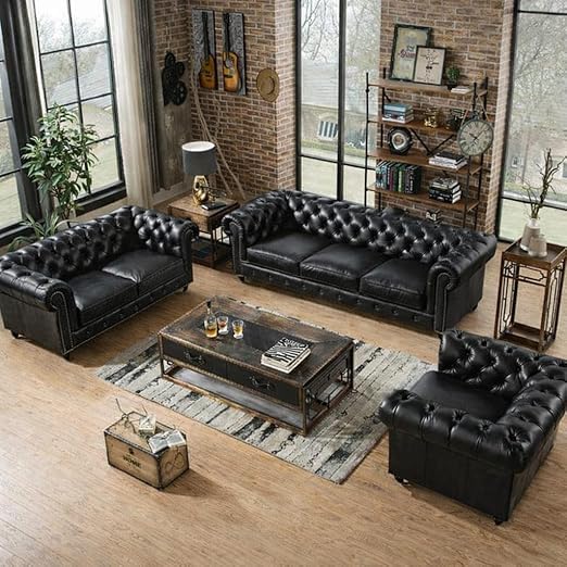 Image of A to Z Furniture Classic Sofa Set Luxury Chesterfield Leatherette Sofa in for Home Living Room & Office (3+2+1=6 Seater Sofa Black)