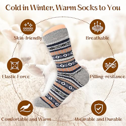 Image of LOCONHA Womens Wool Socks 5 Pairs Winter Warm Sock Thick Knit Cabin Cozy Crew Soft Socks Gifts for Women