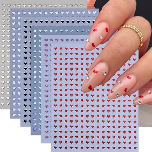 6 Sheets Heart Nail Art Stickers Decals Black White Red Laser Purple Silver Heart Nail Stickers 3D Self-Adhesive Nail Decals Valentines Nail Designs Colorful Glitter Hearts Nails Supplies for Women