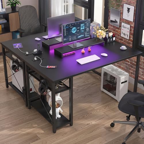 iSunirm Escritorio Gaming Negro 120 cm con LED y Enchufes, Mesa de Ordenador con Soporte de Monitor Ergonómico, Escritorio PC Reversible con Gancho para Auriculares, Estación de Trabajo Estable - imagen 2