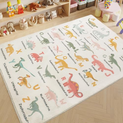 Lacomfy Kids Dinosaur Rug 4x6Ft Large ABC Animal Play Rug for Boys Girls Cute Dino Bedroom Carpet Playtime Classroom Nursery Mat Educational Area Rug Child Playroom Rug
