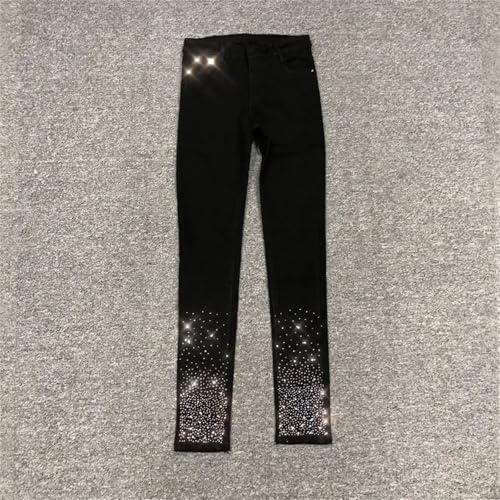 Women's Black Jeans High Waist Slim Rhinestone Pencil Pants Street Stretch Leggings3