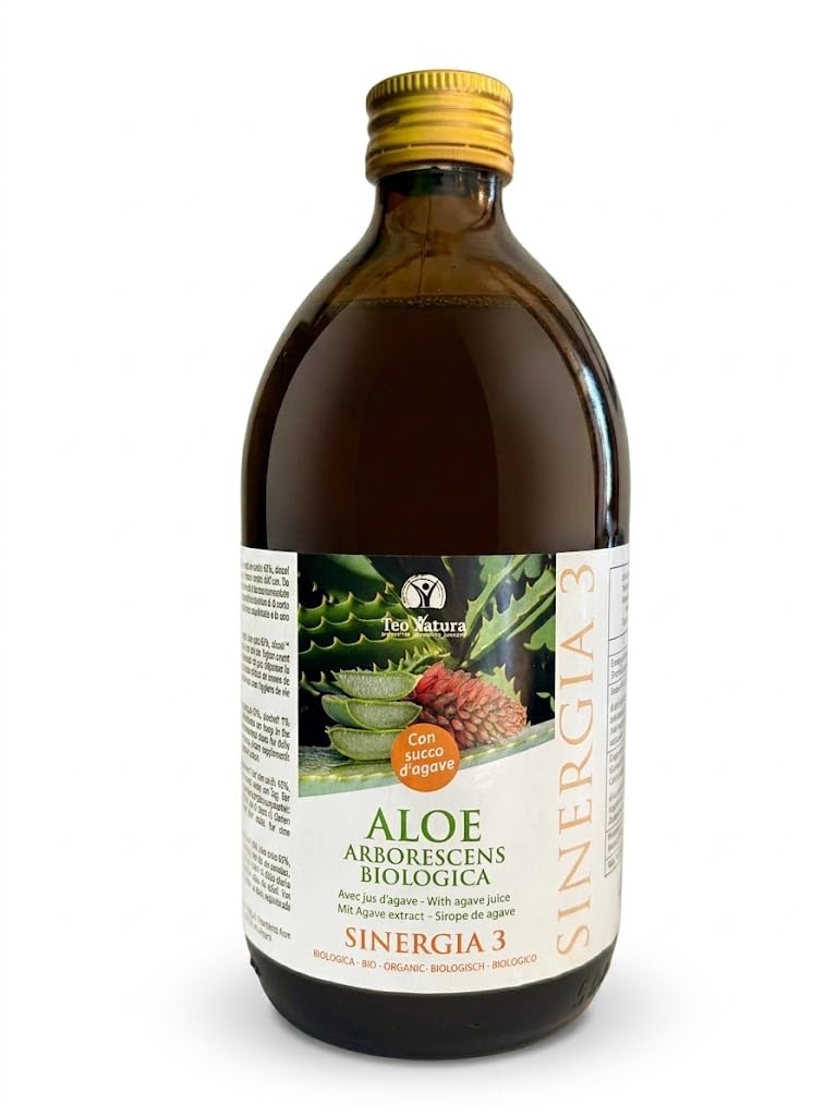 TeoNatura Sinergia 3 – Aloe Arborescens Biologica con Succo d'Agave | 500ml | Ricetta Padre Zago Vegana | Digestione, Depurativo, Intestino | Made in Sicily