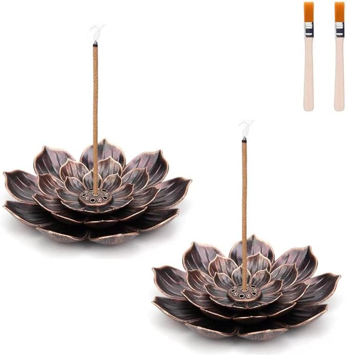 Lotus Incense Sticks Holder,Cone Incense Burner with Incense Ash Brush for Home, Bedroom, Living Room, Office, Hotel, Cafe, Yoga, Sauna, SPA (2 Packs)