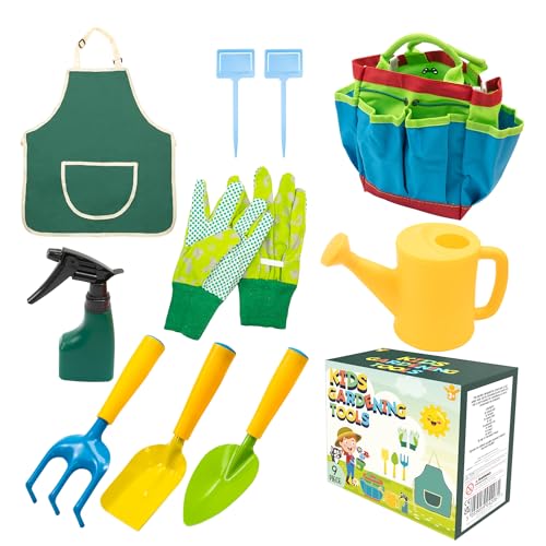Pelle & Sol 10PCS Kids Gardening Tool Set - Childrens Garden Tool Kit Shovel Rake Trowel Sprayer Gloves Apron Watering Can with Canvas Tote Bag Outdoor Tools Fun Toys Gift Sets for Boys Girls