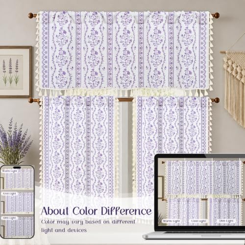 Image of Yinhua Boho Kitchen Curtains 36 Inch Length Vintage Linen Cafe Curtains Light Filtering Bohemian Floral Tier Rod Pocket Farmhouse Rustic Tassel Small Drapes with Tiebacks, 2 Panels, White Purple