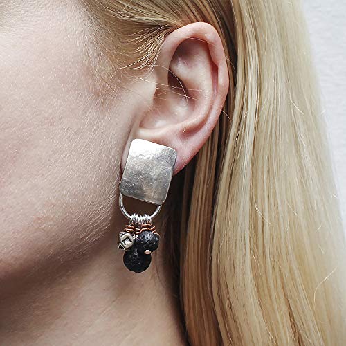 Rounded Rectangle With Textured Black And Metal Beads Clip Earring #TOP1