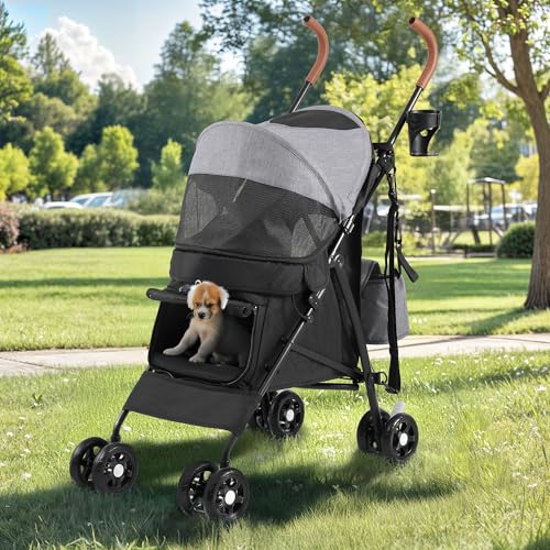DWVO Hundewagen Hundebuggy für Hunde & Katzen bis 11,3 kg, Faltbar klappbar, Haustiere Buggy mit Kissen, Aufbewahrungskorb, Haustier-Kinderwagen 45x80x103cm, Katzenwagen (Grau Schwarz)
