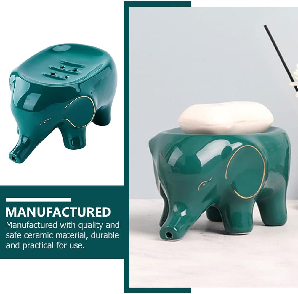 Ceramic Soap Dish Elephant Soap Holder Self Draining Dishes Saver Container Holder for Shower Bar for Bathroom (Green)