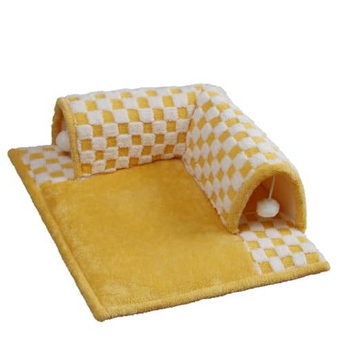 Pazzfre 猫トンネルベッド 猫ハウス キャットトンネル 2in1 隠れ家 取り外し可 柔らかい 猫犬 小型犬 寝床 ペットハウス 冬寒さ対策 冬用 暖かい 洗える 休憩所 運動不足対策 ストレス解消 超軽量 (M 取り外し可能,イエロー)