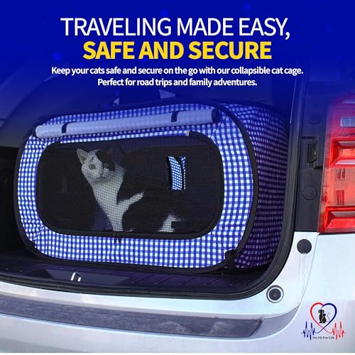 Image of Pet Fit For Life Extra Large Cat Carrier for Travel - Foldable & Portable Collapsible Kennel with Litter Box, Feather Toy & Water /Food Bowl - Ideal for Cars, Long Trips & Indoor Cats - Blue Checkers