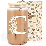 Coolife Initial Glass Cup, Monogrammed Gifts for Women, 16 oz Glass Cups w/Lids Straws, Iced Coffee Smoothie Beer Tumbler w/Straw Lid, Personalized Valentines, Birthday Gifts for Her Mom Friend Woman