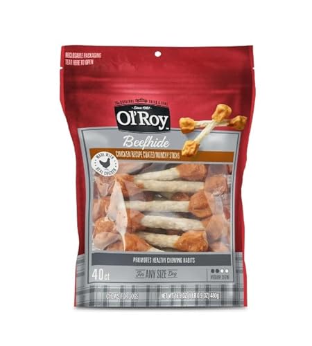 Ol~Roy Beefhide Coated Munchy Sticks, Chicken Recipe, Dry Training Treats for Dogs ~ (16.9 Oz) ~ (40 Count) ~ (Pet Chews) ~ (1 Pack)