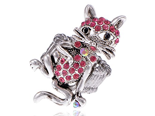 Alilang Silvery Tone Shine Pink Crystal Rhinestones Cute Cat Animal Adjustable Ring #TOP12