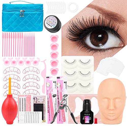 DouborQ 22Pcs False Eyelashes Extension Beginner Exercise Set, Professional Mannequin Head Lip Eyebrow Makeup Eyelash Grafting Training Tool Kit, Makeup Practice Eye Lashes Graft