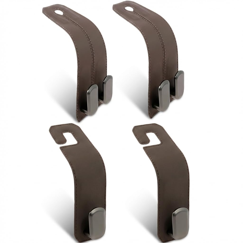 LSCSJUNS 4pc Leather Car Seat Storage Hanger,2 Car Bag Purse Holder with Double Metal Hooks+2 Leather Car Headrest Hook,Car Purse Hook Seat Back