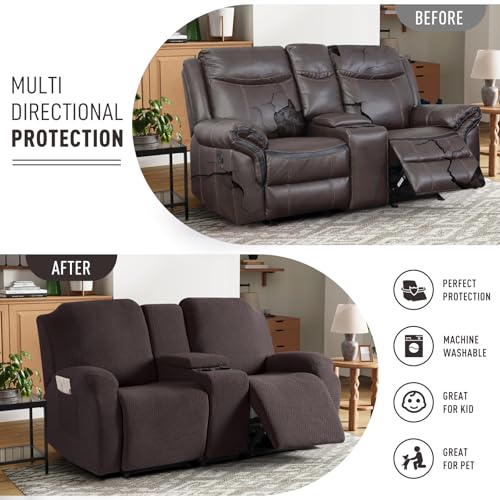 Image of KinCam Loveseat Recliner Covers with Middle Console Slipcover, Recliner Sofa Covers 2 Seat Couch Cover Stripe Jacquard Furniture Protector Covers with Elastic Bottom for Kids, Pets(Chocolate)
