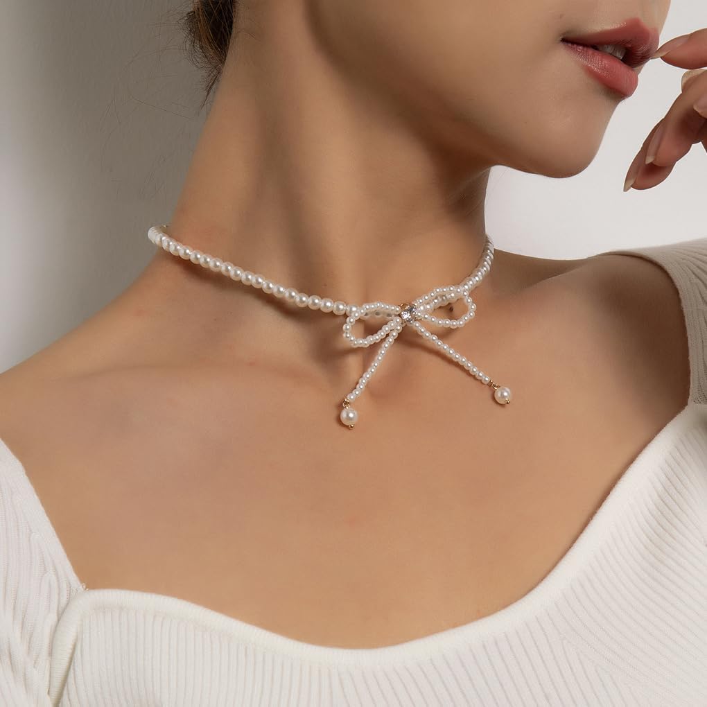 White Baroque Pearl Bow Choker Necklace, Sparkly Zircon Coquette Short Necklace, Simple Tiny Beaded Aesthetic Jewelry Gift for Women - Image 4