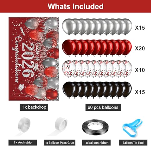 Buryeah Red and Silver Graduation Decoration 2026, Congrats Grad Backdrop Banner with 60 Latex Balloons Class of 2026 Graduation Party Supplies for School Grad Party Balloon Arch Photo Prop Decor — view 2