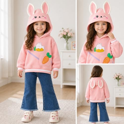 Image of Bold N Elegant Girl's Denim Solid Full Sleeve Bunny Print Sweatshirt Hoodie And Jeans With Frayed Hem