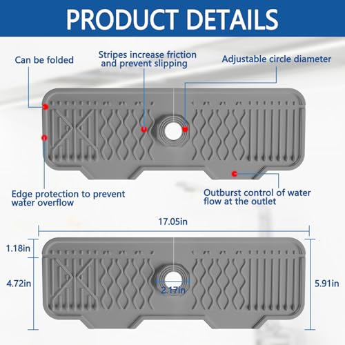 Image of Sink Splash Guard Gen2-17 inch x 6'' Kitchen Sink Accessories,Silicone Sink Mat Splash Guard,fit for Countertop, Bathroom,Farmhouse,RV by EBIGIC (Grey)