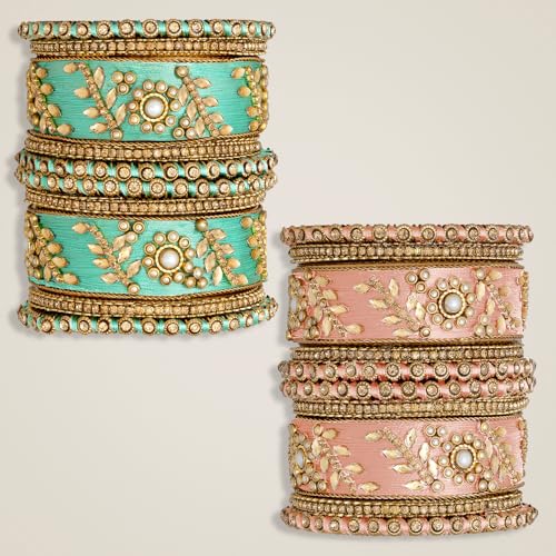 Image of Peora Silk Thread Kundan & Stone Studded Chuda Bangles Set Gift for Women