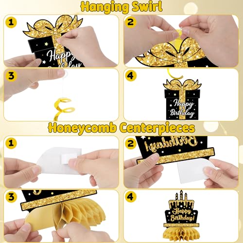 18/30/40/50/60/70/80th Happy Birthday Banner, 39 Pcs 40th Birthday Decorations, Large 1985 Theme Birthday Backdrop Black Gold Honeycomb Centerpieces, Number Balloon Swirls and Pompoms by Heartome - Image 3