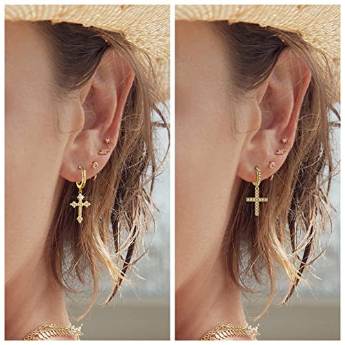 2 Pairs Cross Earrings for Men Hoop Dangle 14K Gold Plated Iced Out Dangling Classical Small 5A+ Cubic Zirconia Pave CZ Huggie Drop Post Earring for Women Jewelry GIFT3