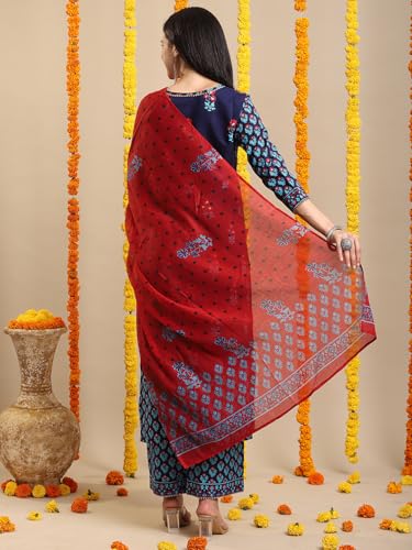 Image of GoSriKi Women's Rayon Blend Straight Printed Kurta with Pant & Dupatta