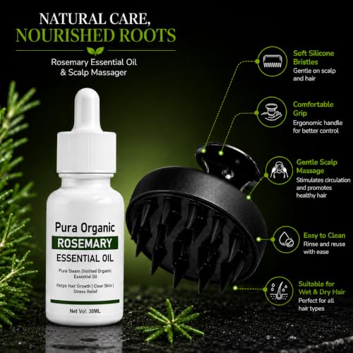 Image of Pura Organic Rosemary Essential Oil 30ml with Silicone Scalp Massager | Pure Steam Distilled Rosemary Oil | Hair & Scalp Care for Men & Women | Aromatherapy | DIY Hair Care | Natural Essential Oil | Combo Pack