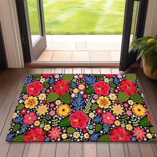 Front Door Mat,Colorful Flowers Indoor Outdoor Entrance Exotic Floral Welcome