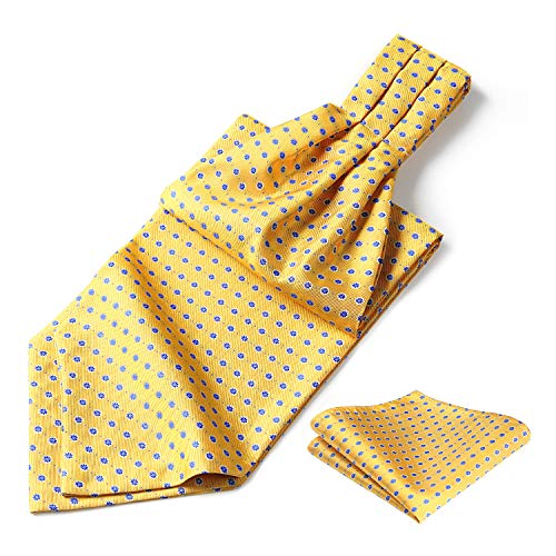 HISDERN Men's Ascot Polka Dot Jacquard Woven Gift Cravat Tie and Pocket Square Set Yellow & Blue