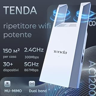 Tenda Ripetitore WiFi AC1200, Amplificatore Dual Band con Porta Ethernet, WiFi Extender e Access Point, Copertura fino a 150 m², Indicatore LED, WPS, Controllo da App(A18)