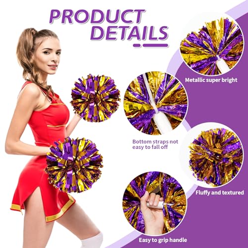 4Pcs Metallic Cheerleading Pom Poms, Creatiee 2 Pair Cheerleader Cheering Squad Pompoms for School Sports Dance Games Team Spirit Cheer (Purple-Gold) - Thumbnail 2