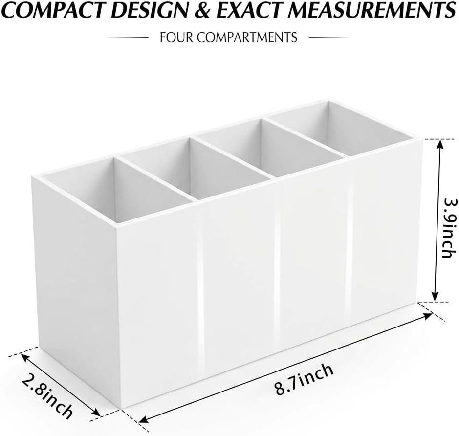 4 Compartment White Acrylic Pen Holder for Desk, Large Desktop Organizer & Pencil Cup, Makeup Brush Holder for Countertop, Multi-functional Pen Pencil Brushes Holders Caddy (Opaque White) image 4