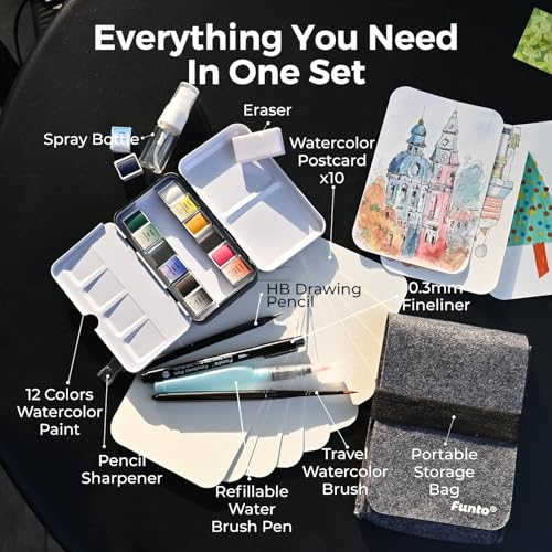 Funto Travel Watercolor Set, 12-Color Paint, 10 Premium Postcards, Brush, Brush Pen, Fineliner, Pencil, Painting Set for Adults, Beginner, and Artists