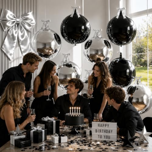 Image of 8 Pcs Black Silver Round Foil Balloons Metallic Silver Black 4D Ball Balloon Chrome 22 In Ornament Mylar Balloon for Girl Birthday Graduation Wedding Anniversary New Year Disco Party Decoration