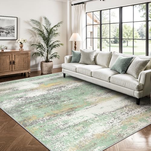 Image of 5x7 Area Rugs, Abstract Modern Ultra Soft Washable Rug, Non Slip Carpet with Rubber Back Stain Resistance Rugs for Living Room, Bedroom, Dining Room Decor(Light Green /Cream)