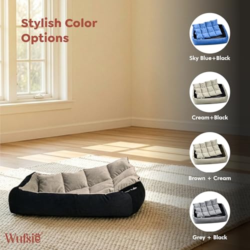 Image of Reversible Rectangle Dog Bed | Small 50 X 65 Cm Pet Bed for Puppies and Cats | Premium Velvet, Washable Fabric | Soft Sofa-Style Bed for Dog with Thick 15 Cm Insert | Black & Cream