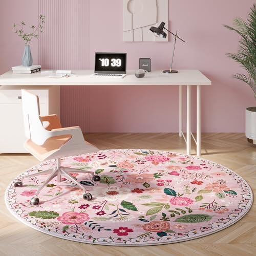 Round Rug 6ft Washable Circle Rug Non Slip Low Pile Boho Floral Small Circular Rug for Bedroom, Bathroom, Entryway, Kids Room, Office, College Dorm(Pink)