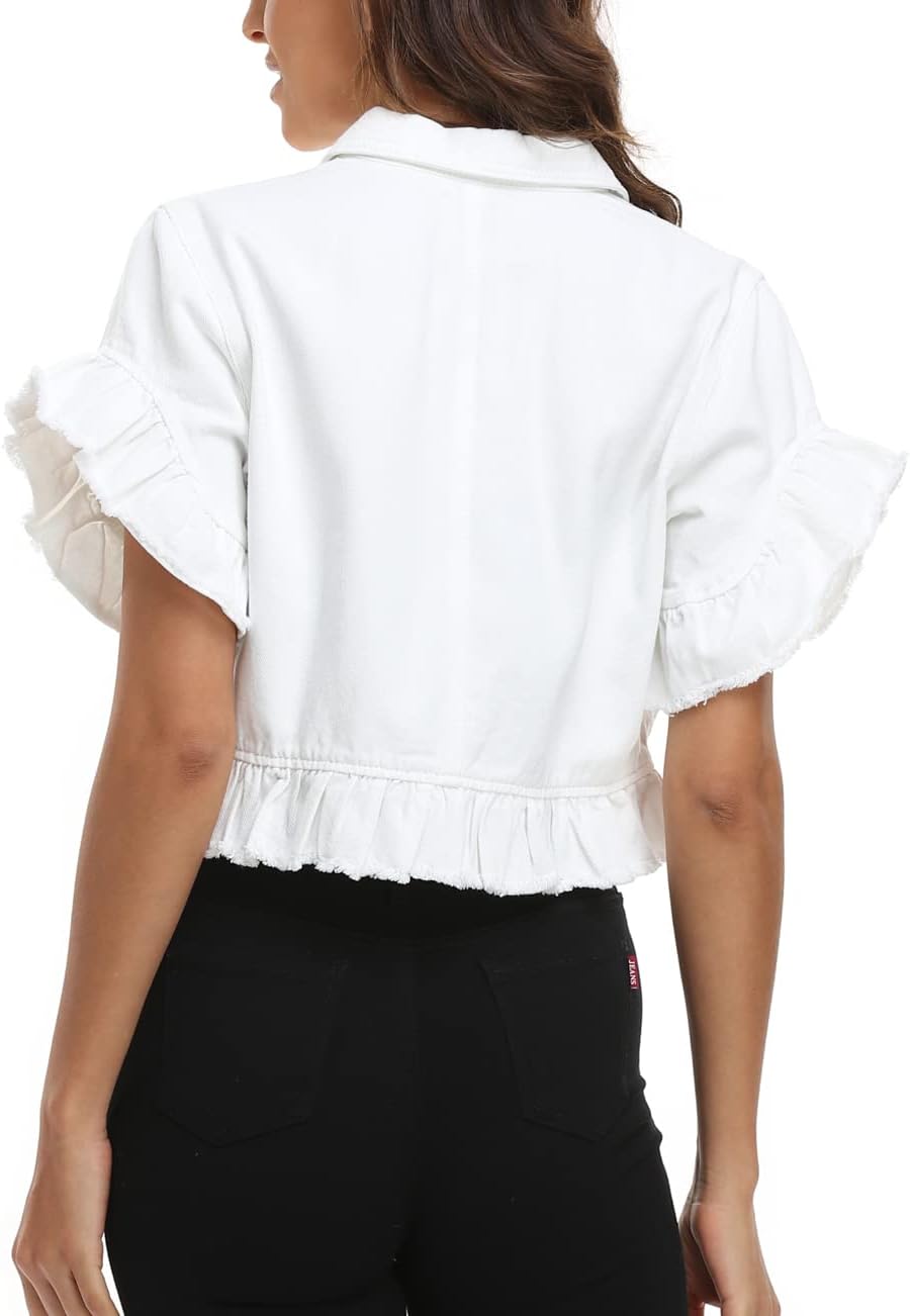 MISS MOLY Women's Denim Jacket Ruffle Sleeve Button Down Distressed Summer Cropped Jean Jackets - Image 6