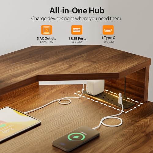 Image of Agilestic 63 Inch L Shaped Electric Standing Desk with Shelf, Height Adjustable Large Desk with Power Outlets & LED, Corner Sit Stand Up Table with Monitor Stand, Computer Workstation, Dark Walnut