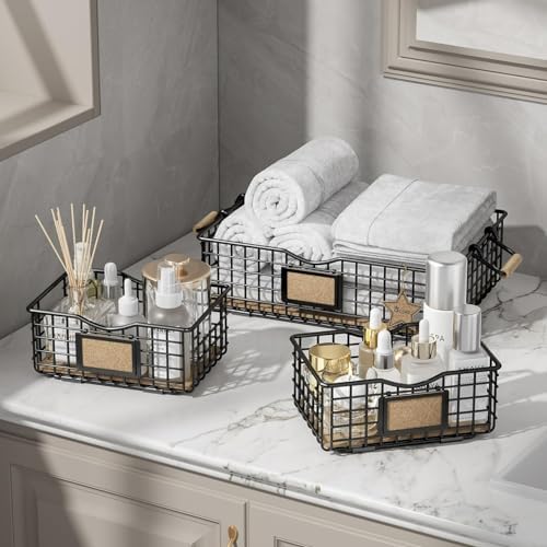 Amazon.com: MyGift Matte Black Metal Bathroom Storage Basket with Wood ...