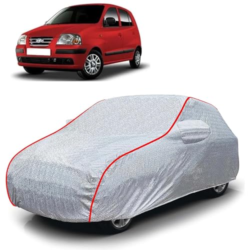 Image of Sulfar 100% Waterproof Car Body Cover Compatible with Mirror for Hyundai Santro Xing (Triple Stitched, Full Bottom Elastic, Magic Silver with Red Piping)