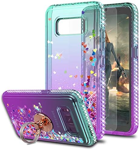 S8 Active Case Galaxy S8 Active Case with HD Screen Protector with Ring Holder,KaiMai Glitter Moving Quicksand Clear Cute Shiny Girls Women Phone Case for Samsung Galaxy S8 Active-Aqua/Purple Ring