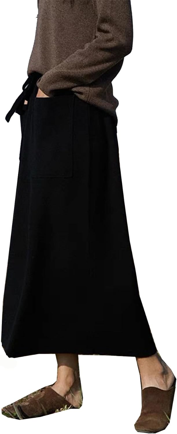 LVBOUSLTD Winter Wool Maxi Skirt with Pockets Elastic Waist Knitted Midi Skirt