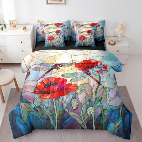 Parure de lit coquelicot rouge avec housse de couette imprimé libellule