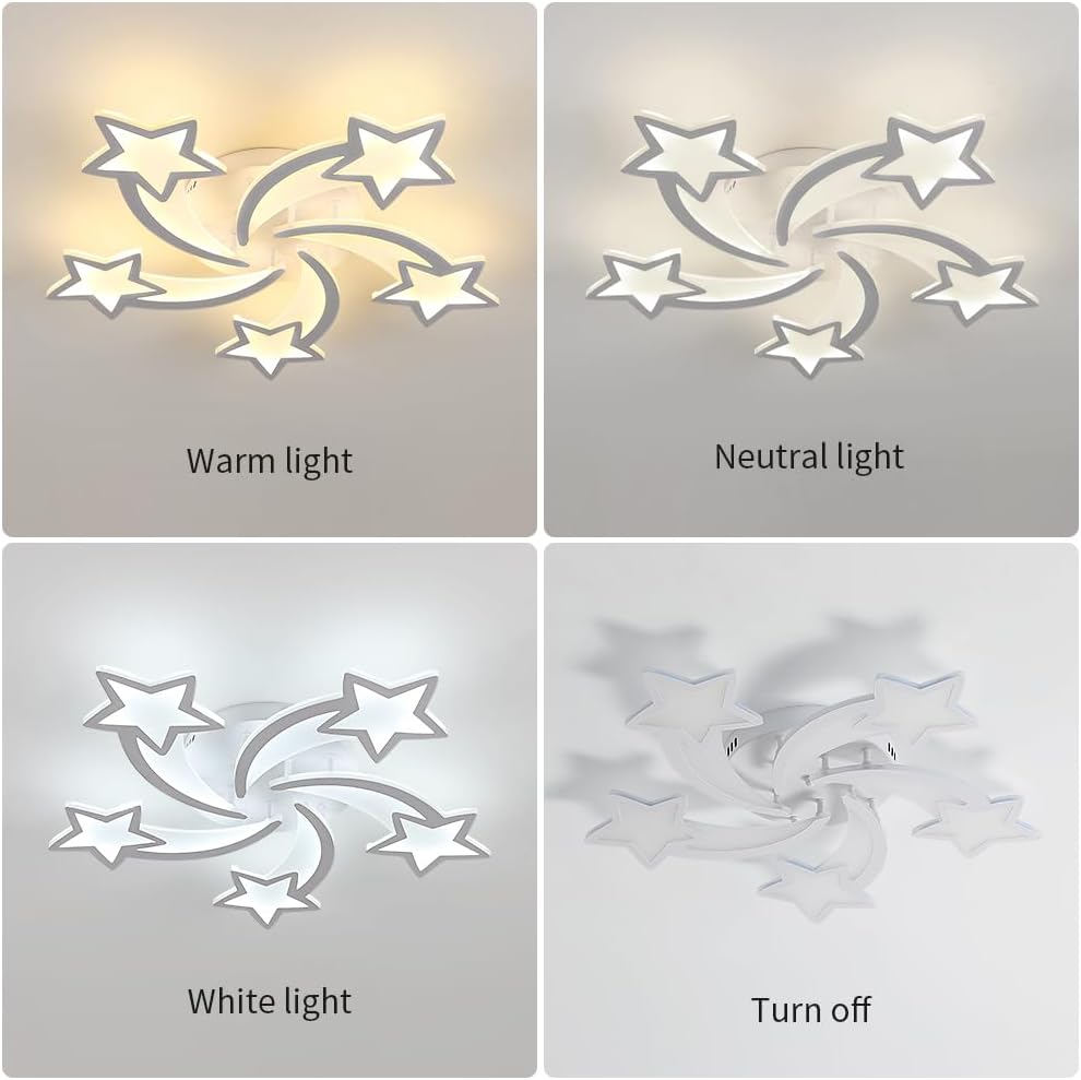 5 Lights Star LED Modern Ceiling Light, 25" 37W Flush Mount Ceiling Light Fixture, 3 CCT(3000K/4500K/6500K) via Wall Switch Ceiling Lamp for Bedroom Living Room KidsRoom Playroom