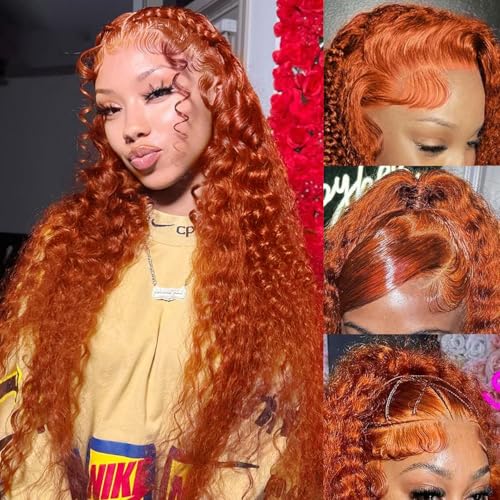 Image of 30 Inch Ginger Lace Front Wig Human Hair 13x4 HD Deep Wave Lace Front Wigs Human Hair 350 Burnt Orange Wet Wavy Curly Wig 180% Density Water Wave Human Hair Wig Pre Plucked With Baby Hair for Women